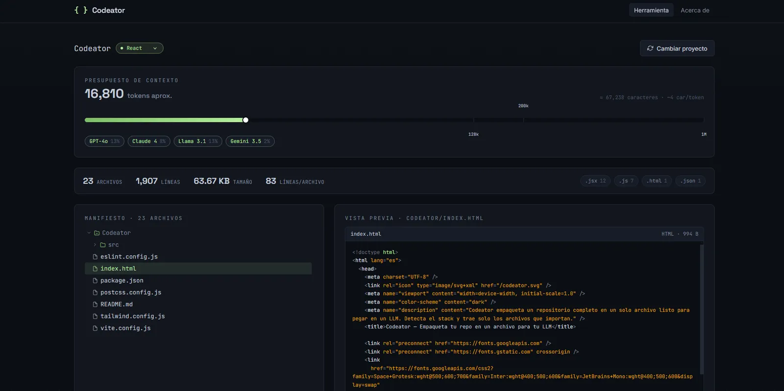 Interfaz de Codeator con el presupuesto de contexto en tokens, el manifiesto de 23 archivos y la vista previa de index.html