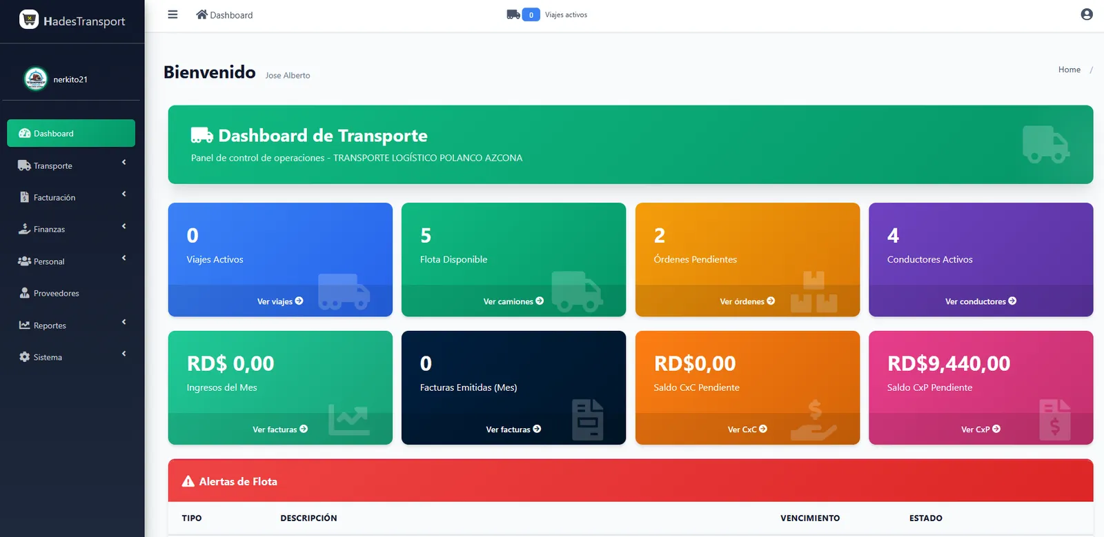 Dashboard de HadesTransport con viajes activos, flota disponible, órdenes pendientes y saldos por cobrar